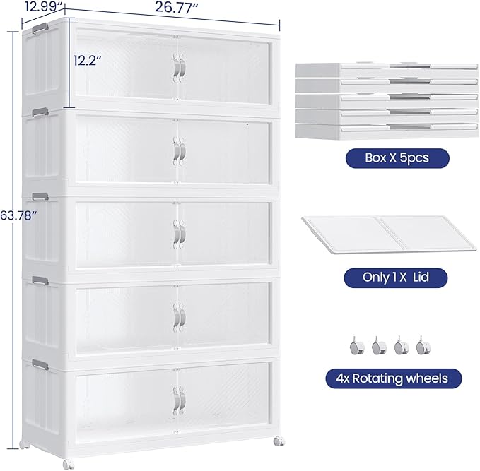 150GAL Plastic Storage Bins with Lid, 600QT Extra Large Stackable Closet Organizers and Storage, Collapsible Storage Boxes with Wheels, Folding Cabinet for Home Kitchen Office, 5Pack White