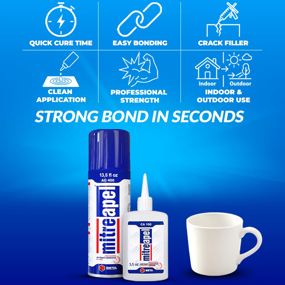 MITREAPEL CA Glue with Activator (2x4.5 oz-2x16.9 floz)Instant Bond Professional Cyanoacrylate Adhesive and Super Glue Accelerator for Woodworking ,Ceramic, 3D Printing,Glass, DIY&Craft,Plastic,Repair