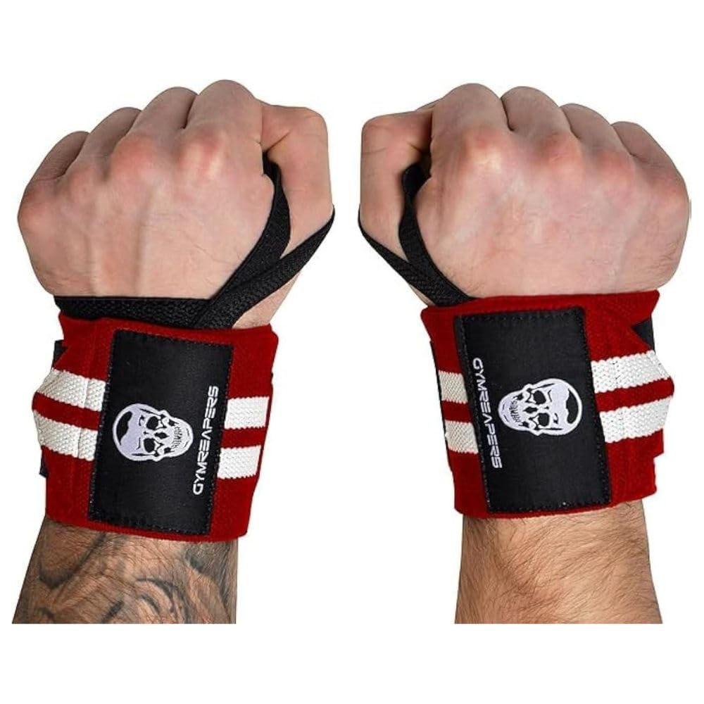 Gymreapers Weightlifting Wrist Wraps (Competition Grade) 18" Professional Quality Wrist Support with Heavy Duty Thumb Loop - Best Wrap for Powerlifting, Strength Training, Bodybuilding(Red/White,18")
