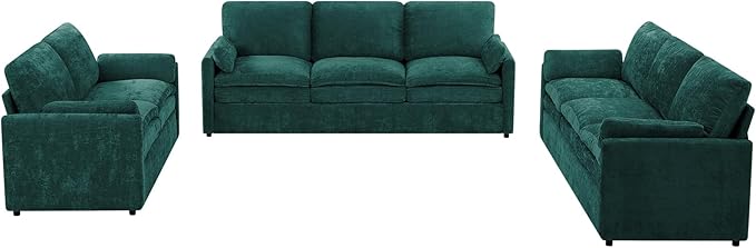 ACMEASE 3 Pieces Chenille Sofa Set w/Arm Pillows, Upholstered Loveseat & 2 Pieces 3 Seater Sofa w/Comfortable Back Cushions, Modern 2-Seat & 3-Seat w/High-Density Foam for Living Room, Teal