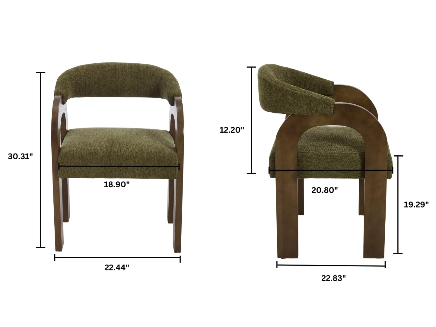DAYALANE Farmhouse Dining Chairs Set of 2 - Upholstered Armchairs with Chenille Cushions & Curved Wooden Arms, Barrel Wood Kitchen Chairs for Dining Room/Cafe/Kitchen Island (Sage Green)