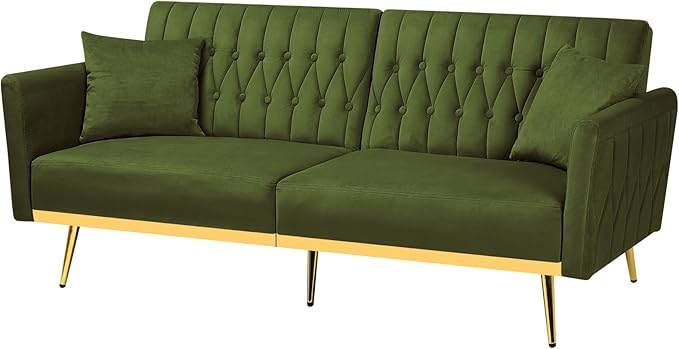 ACMEASE 70” Velvet Futon Sofa Bed w/Adjustable Armrests & 2 Pillows, Convertible Futon Couch w/Adjustable Backrests, Modern Sleeper Bed for Living Room, Bedroom, Olive Green