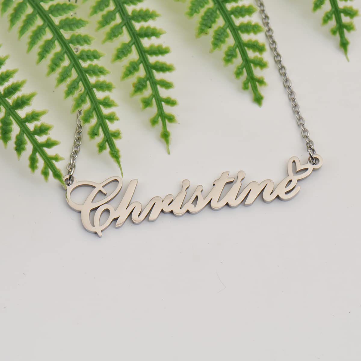 HUAN XUN Sabrina Name Necklace with Heart Silver Stainless Steel Initial Pendant Gifts Custom Name Necklaces for Women