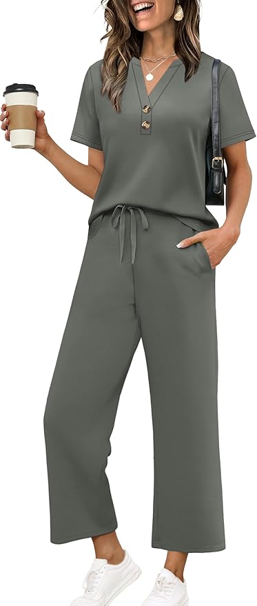 OFEEFAN 2 Piece Sets for Women Spring Fashion Beach Vacation Cruise Outfit Dressy Casual Wide Leg Crop Pants Resort Wear