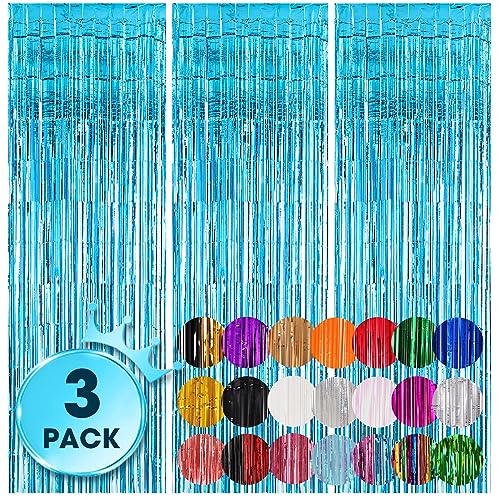 Voircoloria 3 Pack 3.3x8.2 Feet Light Blue Foil Fringe Backdrop Curtains, Tinsel Streamers Birthday Party Decorations, Fri...