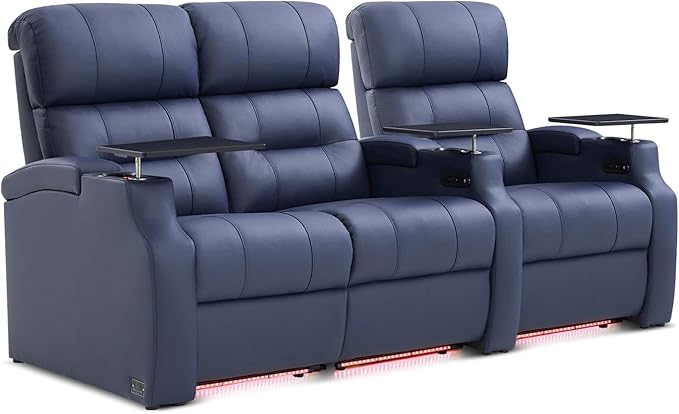Weilianda Home Theater Seating, Top Grain Leather Sectional Seats Recliner Chair, Zero Gravity Reclining Sofa with Power Headrest 7 Colors Ambient Lighting USB C Charge Row of 3 Loveseat Left Blue