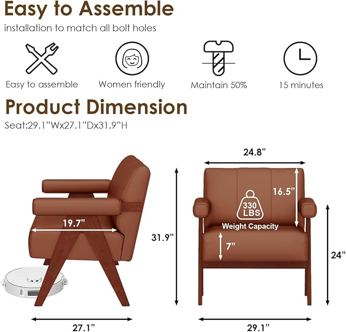 STHOUYN Brown Leather Accent Chairs, Mid Century Modern Chair, Side Arm Chairs for Living Room, Office Guest Waiting Room Lobby Chairs (1, Brown)