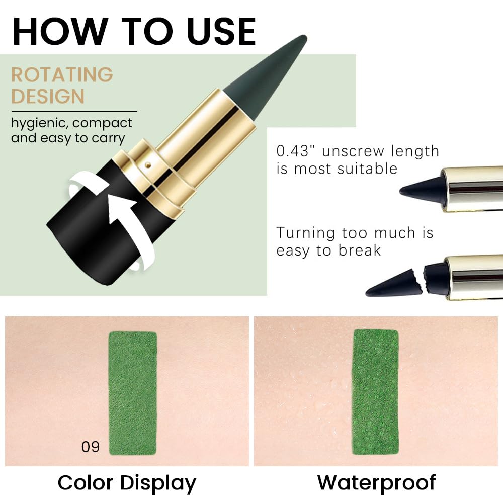 Kaely Dark Green Gel Eyeliner Pencil,Waterproof Smudge Proof Eye Liner Pen,Cat Eye Goth Halloween Makeup,Eye Black Face Paint Lipstick Crayon,Color Colorful Eyeliner Eyeshadow Stick,09