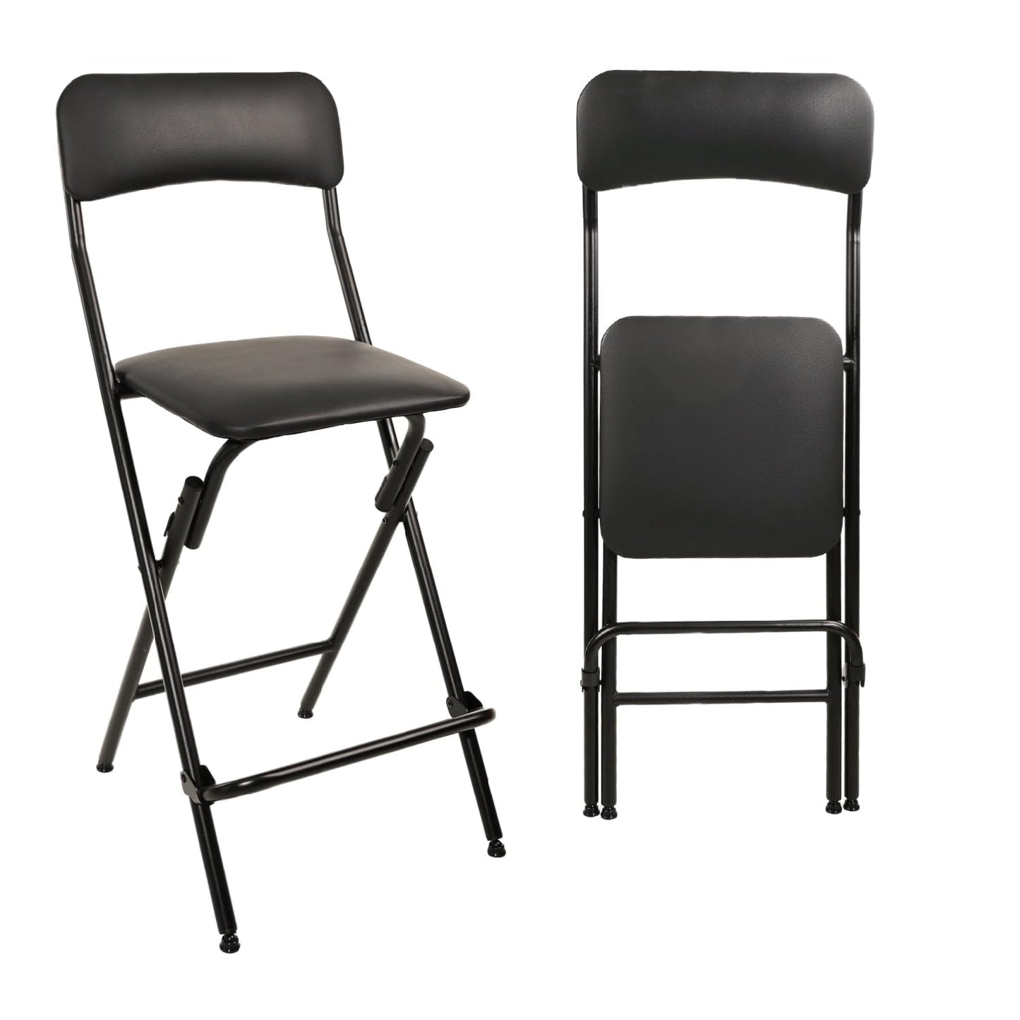 V&LX Folding Bar Stool with Backrest Leather Padded Portable Folding Stool Chair Counter Height Foldable Collapsible Stool for Kitchen Bar 2 Pack (Black, 25" H 2Pack)