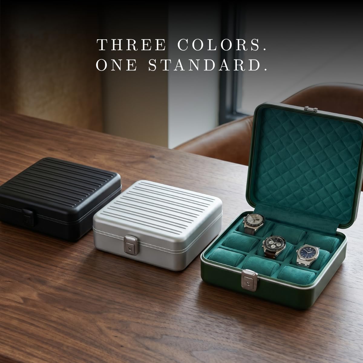 Bey-Berk Prague Aluminum Watch Case in Hunter Green – 9-Slot Locking Travel Box with Soft Interior for Watch Storage