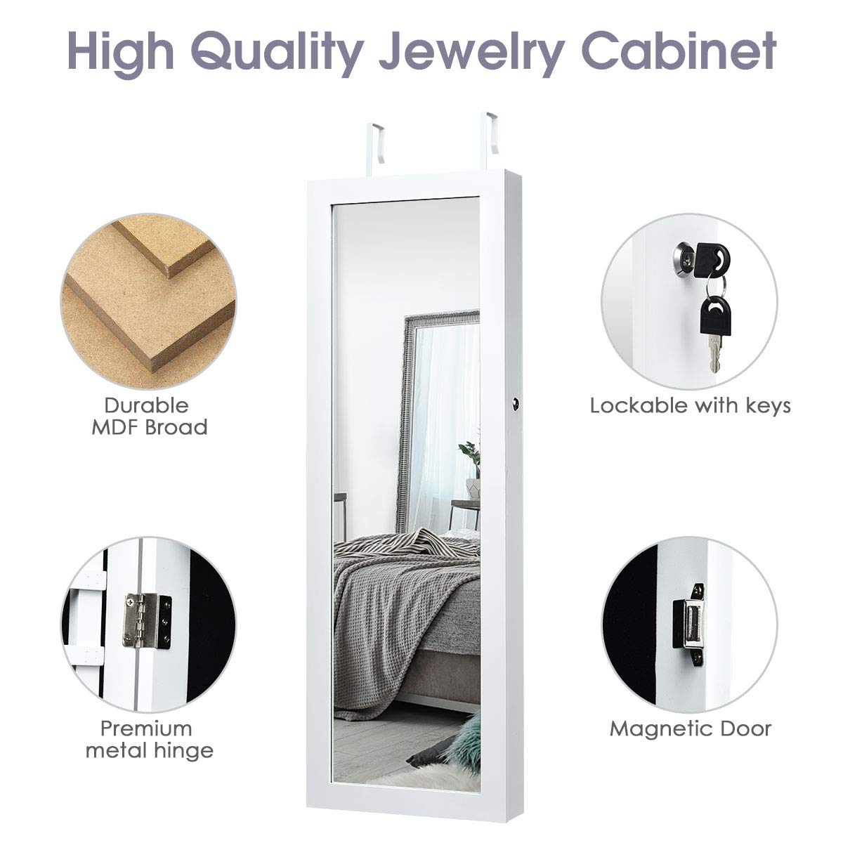 FANTASK Wall/Door Mounted Jewelry Cabinet Armoire, Lockable Armoire Cabinet w/Full Length Mirror, 2 LED Lights, Adjustable Hanging Hooks, Jewelry Organizer for Dressing Make-up (White)