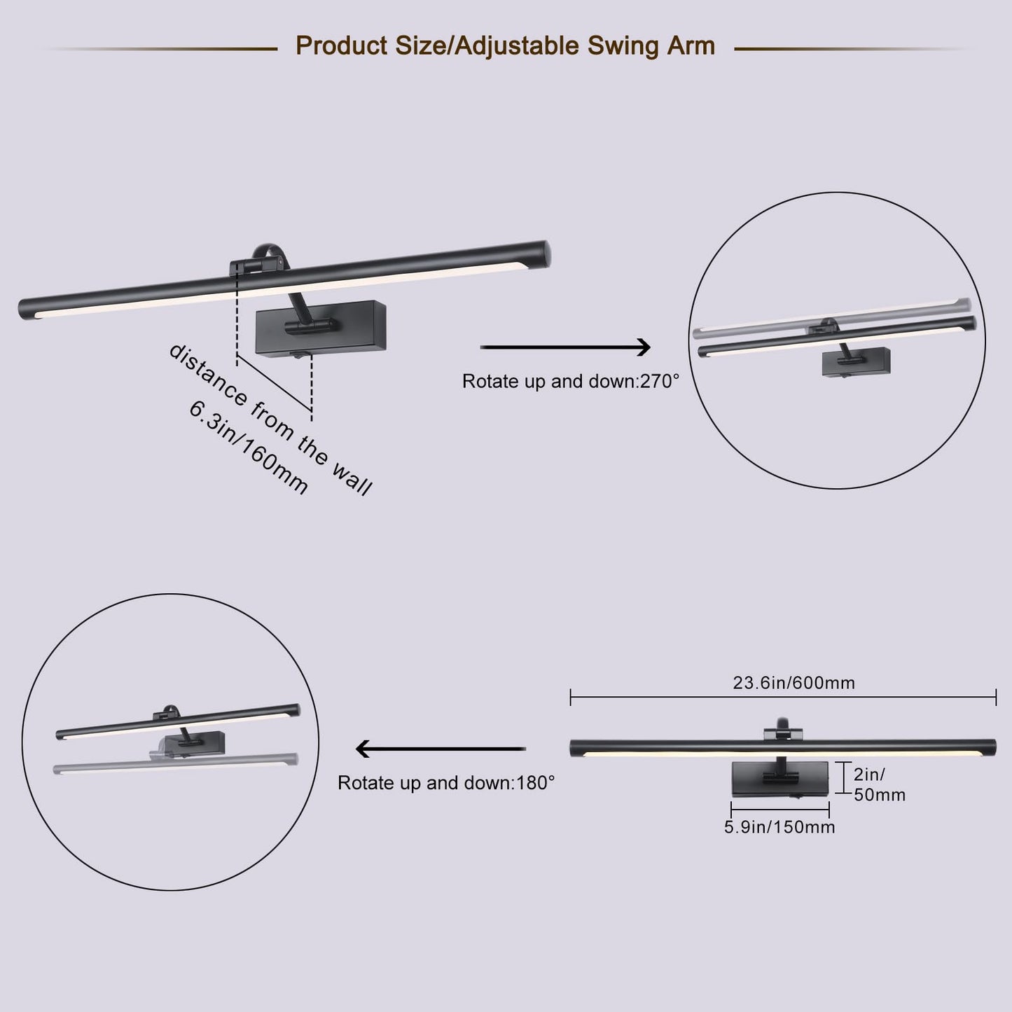 yumcrelect 23.6 Inch Battery Operated Picture Lights for Wall Rechargeable Art Lighting for Paintings Wireless Gallery Lights with Remote Control and Dimmable Timed Off Black Wall Lights