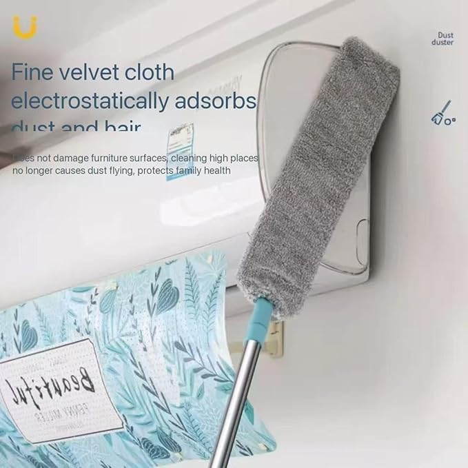 Flat Duster with Extension Pole, Bendable Microfiber Head for Under Appliances & Ceiling Fans - Flexible Long Reach Duster for Hard to Reach Areas, Furniture, Vents & Cobwebs