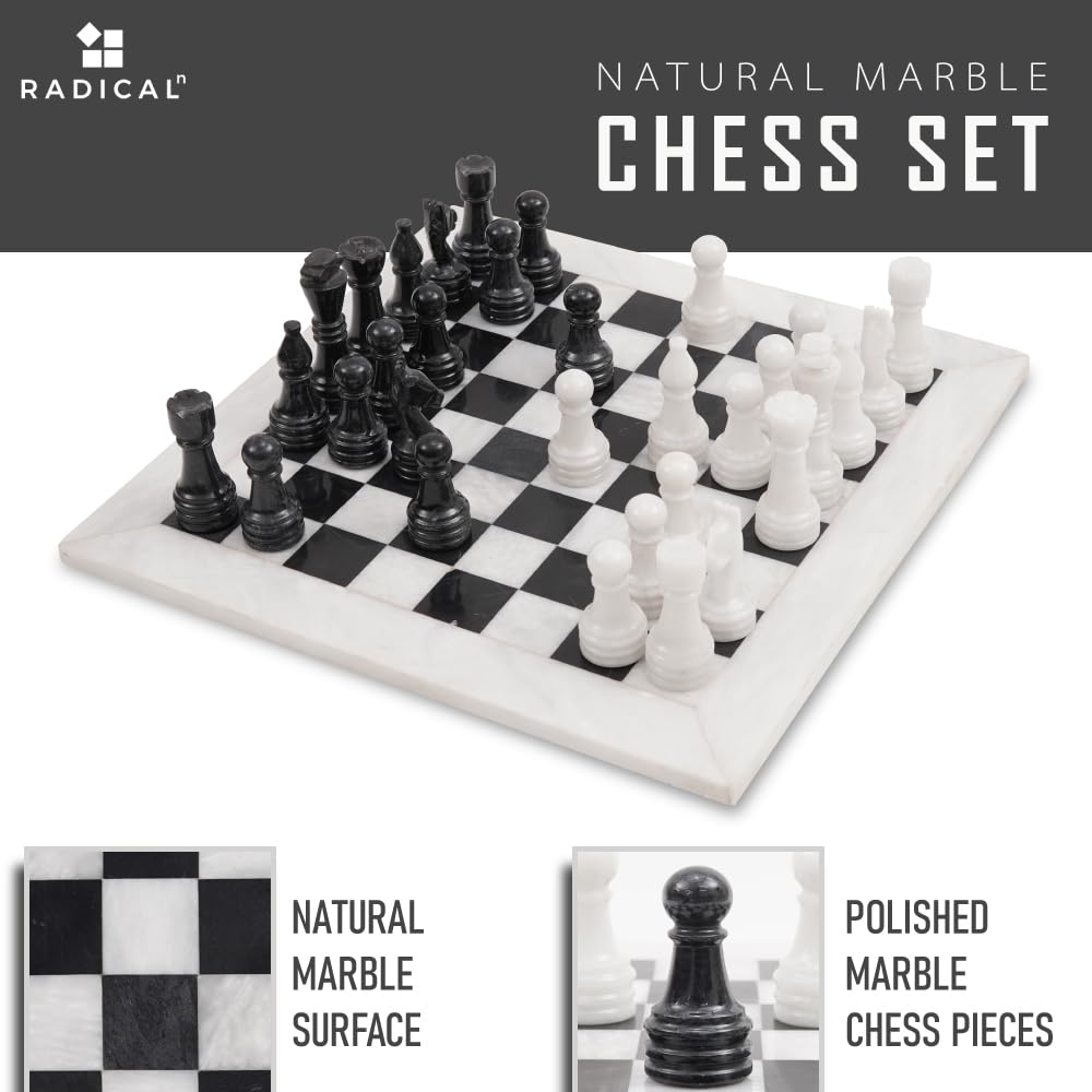 Radicaln Marble Chess Set 15" Inches Handmade White and Black Luxury Board Games for Adults, Ideal Marble Chess Board Game Set & Chess Pieces for Home Decor