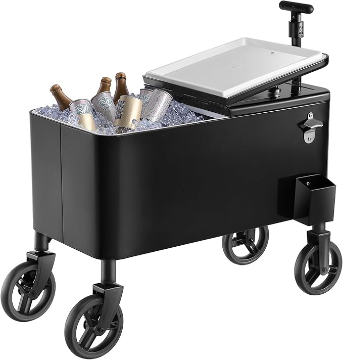 VEVOR 80 Quart Rolling Ice Chest Cart, with 2-Stage Telescopic Pull Handle and 2 Swivel Casters, Portable Table Beach Pati...