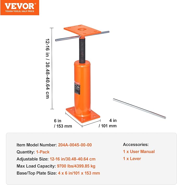 VEVOR House Floor Jack, 12"-16" Height Range, 9700 lbs Max Load Capacity, Adjustable Support Beam Basement Jack Post Pole for Leveling, Lift Support Steel Telescoping Jack Post for Temporary Support