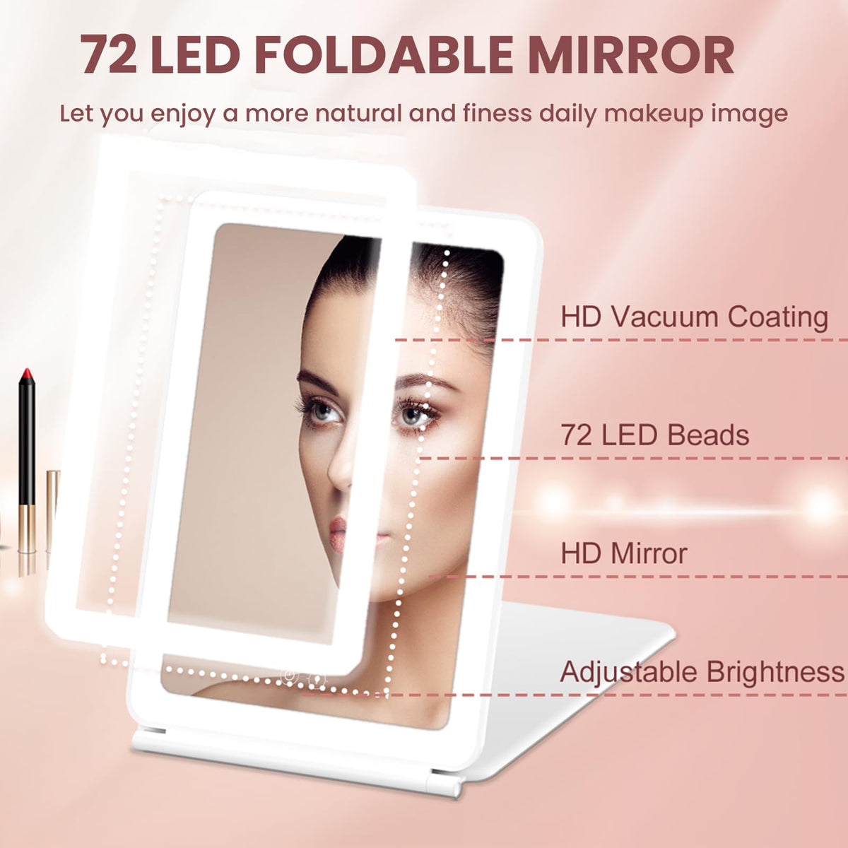 ROTOPATA Rechargeable Travel Makeup Mirror with 5X Magnification, Portable Lighted Travel Mirror with 72 LEDs, 3 Color Lighting