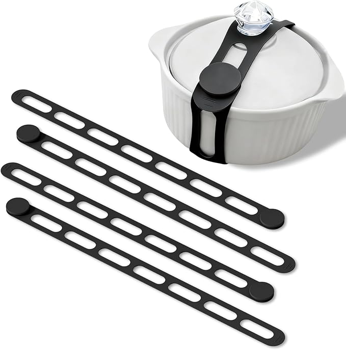 Silicone Utility Strap for Slow Cooker Lid, Pot, Bento Box, 21.65 In Reusable Elastic Self-Lock Silicone Tie for Bundling or Organizing Curtain, Cords, Yoga Mat, Camping Mat, 4pcs (Black)