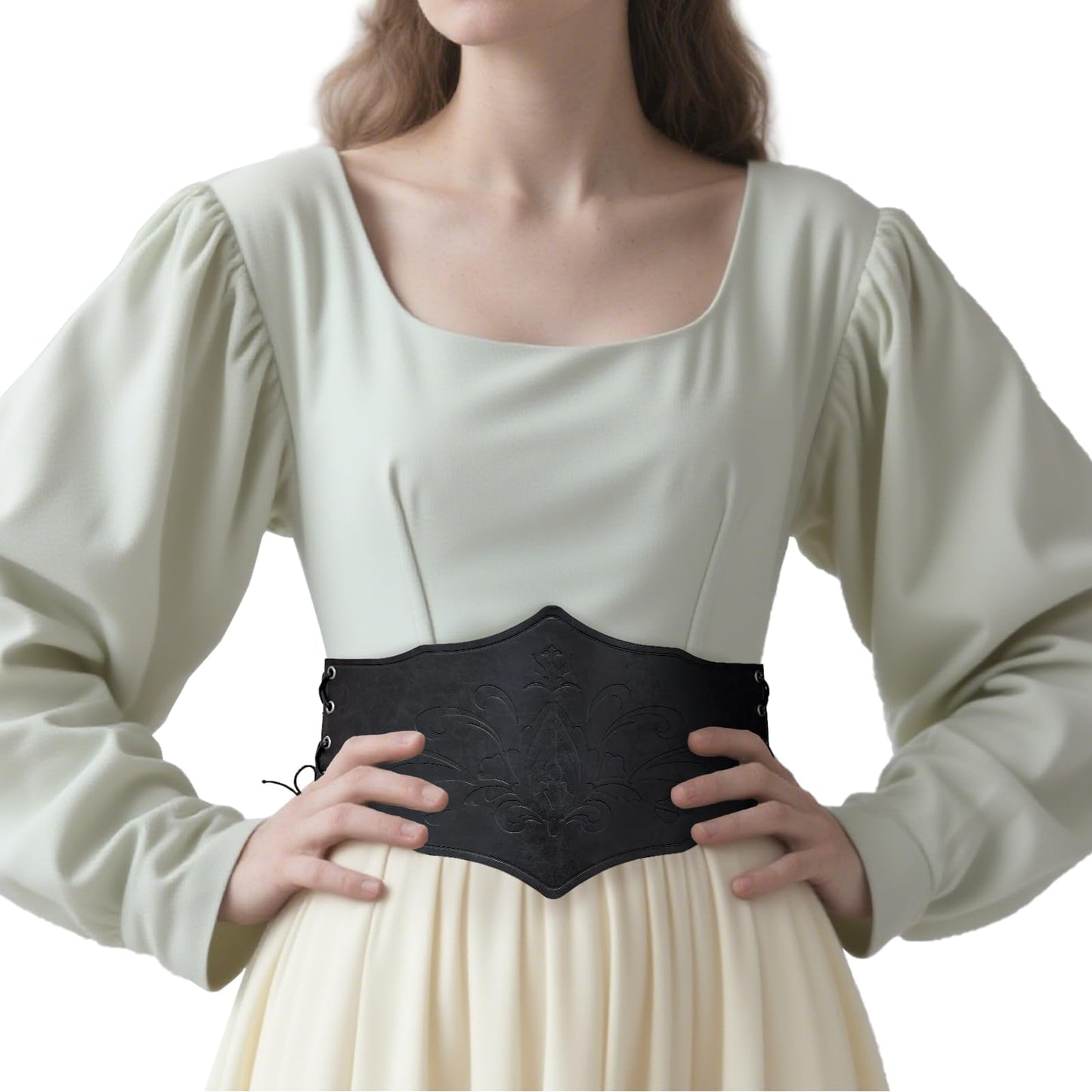 HiiFeuer Medieval Women Faux Leather Corset Belt, Renaissance Underbust Corset Adjustable Wide Waist Cincher for Ren Faire (Black B)