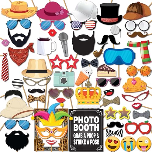 Party Photo Booth Props - 60-pc Photobooth Kit with 8 x 10-Inch Sign, 60 Adhesive Pads, 45 Sticks - Photobooth Props - Pho...