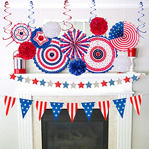 29PCS 4th/Fourth of July Patriotic Decorations Set - Red White Blue Paper Fans,USA Flag Pennant,Star Streamer,Pom Poms,Han...
