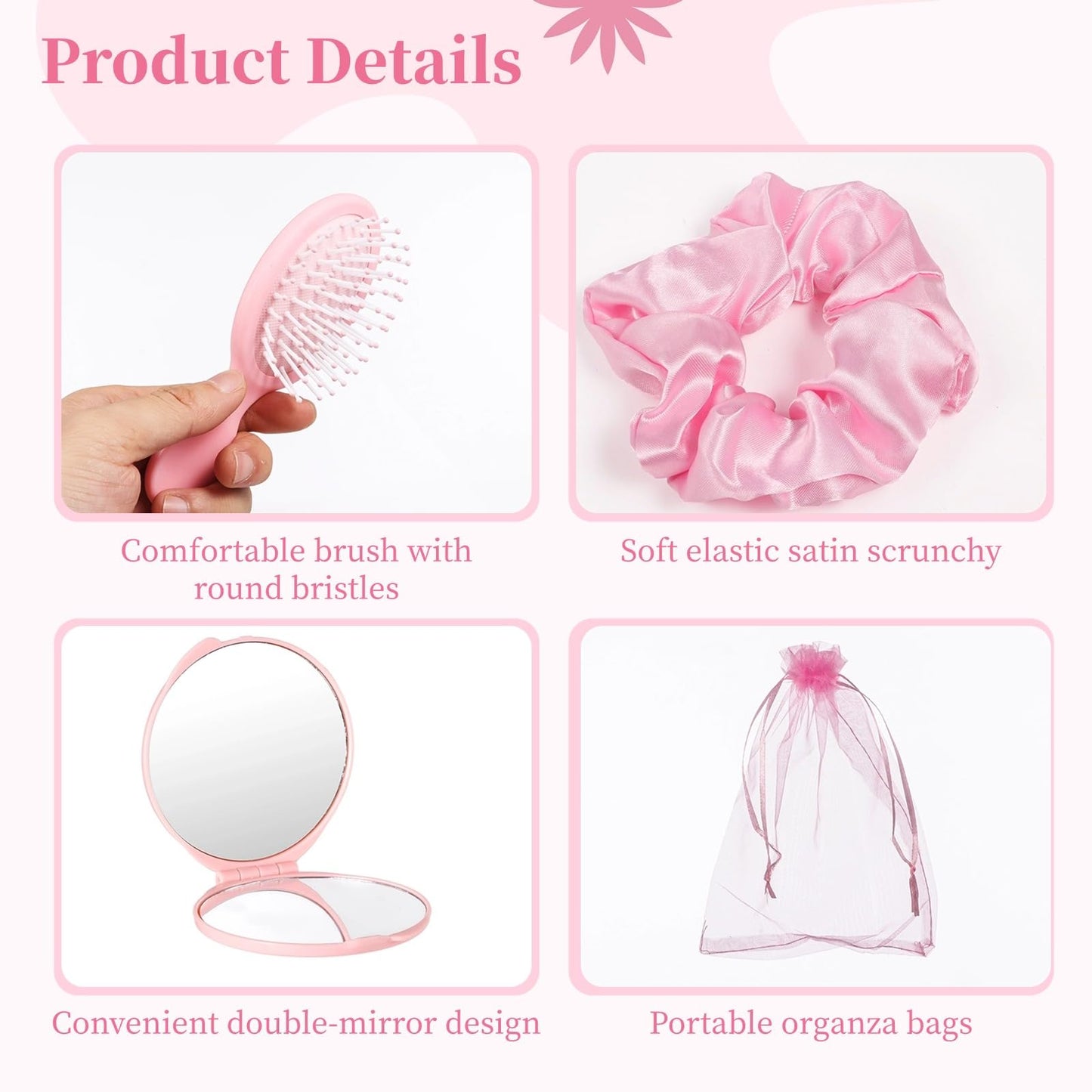 Tideme 48 Pcs Pink Party Favors, Pink Makeup Party Supplies, Including Hair Brushes, Elastic Scrunchies, Pocket Cosmetic Mirrors