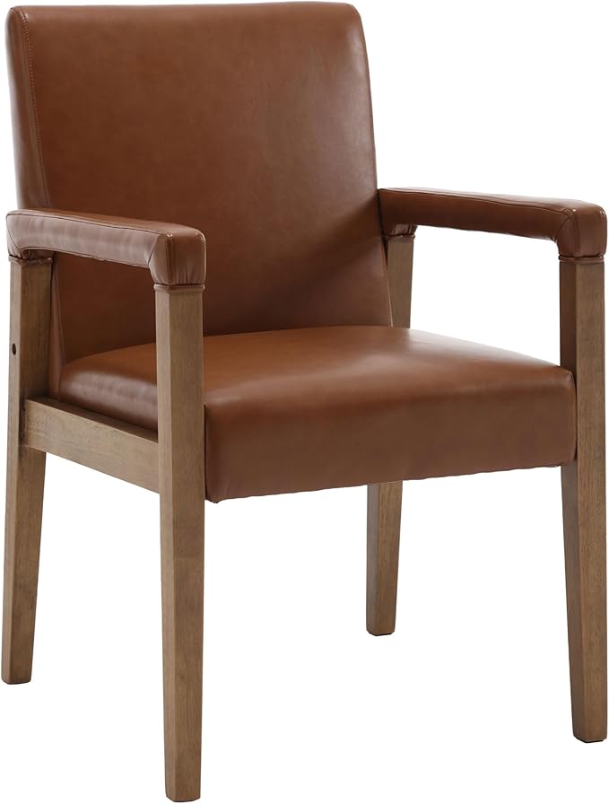 DM Furniture Mid Century Modern Dining Chairs Set of 2 Faux Leather Upholstered Accent Chairs Comfy Kitchen Chairs with Solid Wood Frame Armchair for Living Room, Brown