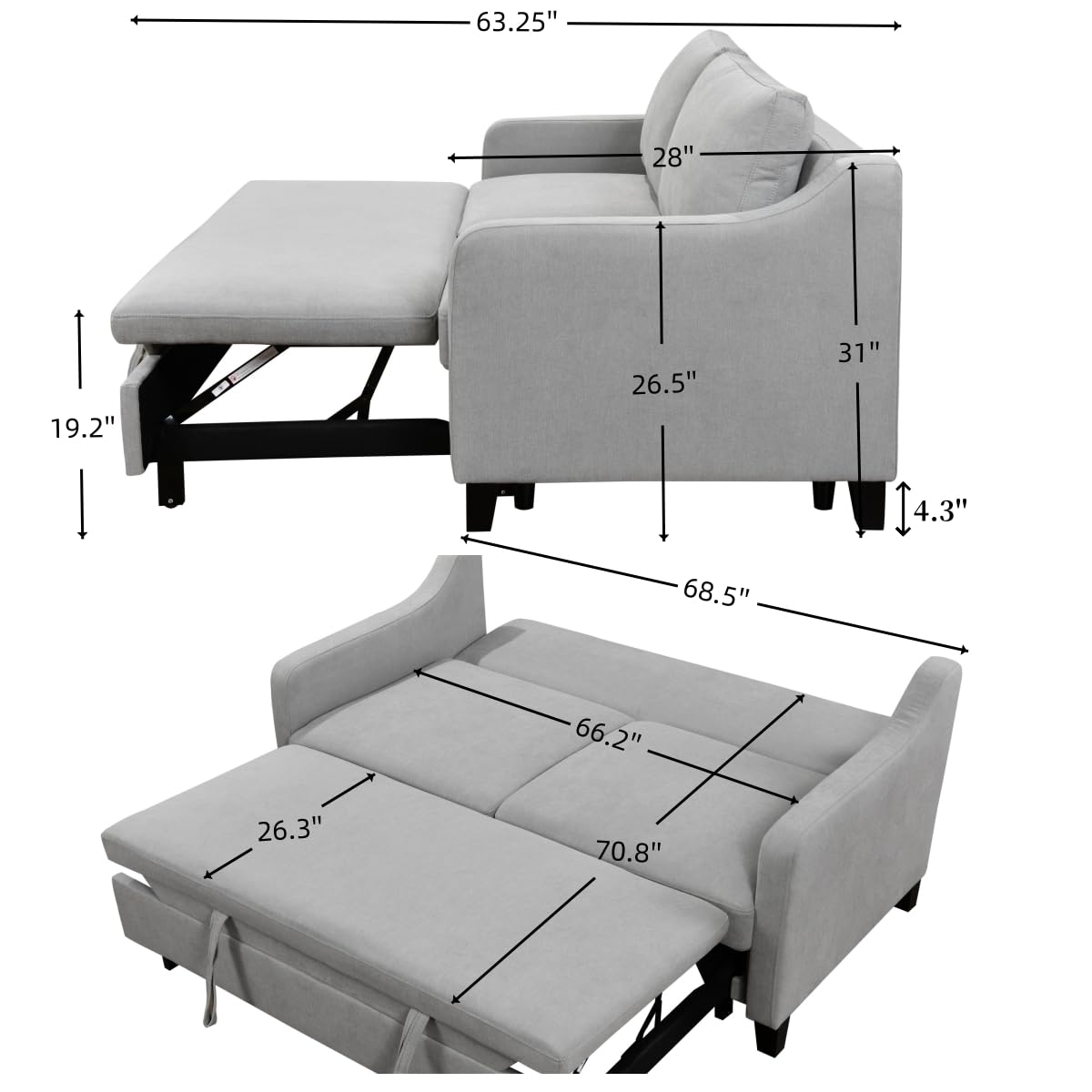 ZIGHTH 69'' Queen Size Sleeper Sofa Couch with Pullout Bed, Convertible Futon Loveseat Sofas with Adjustable Backrest, Comfy Couches Beds for Living Room, Light Grey