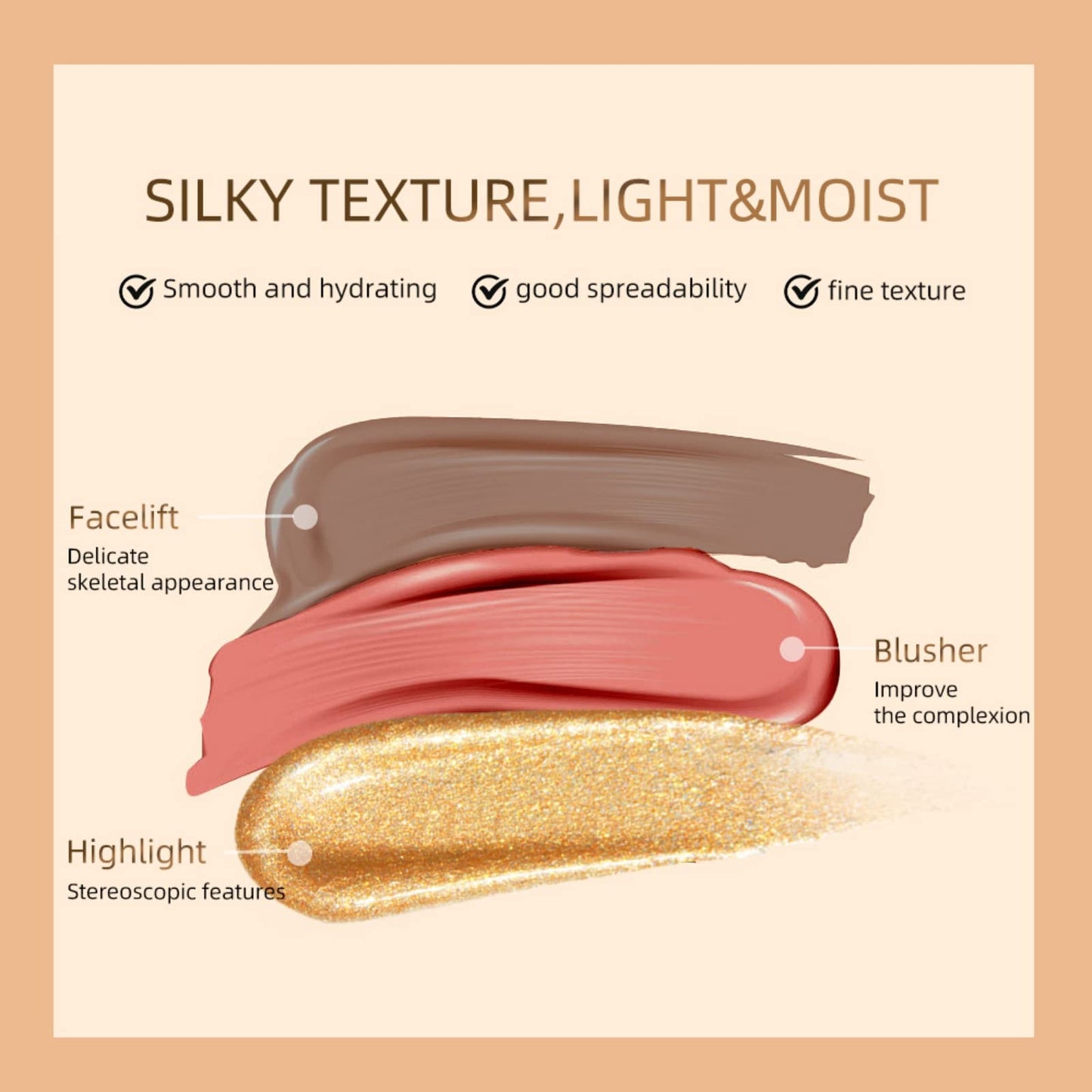 Ofanyia Blush Contour Highlighter Wand, Liquid Face Blush Highlighter Contour Stick with Cushion Applicator, Cruelty-free Silky