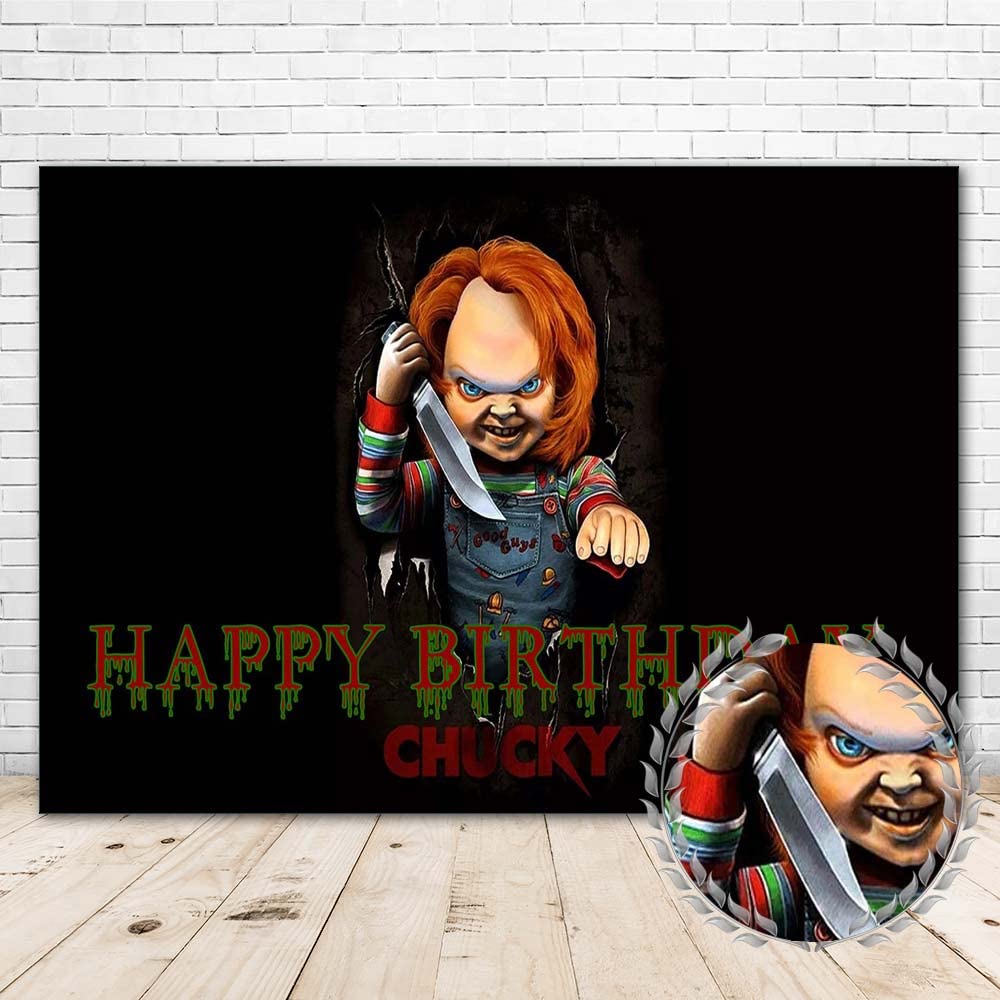 Moonlight Studio Happy Birthday Horror Movie Theme Banner 5x3ft Black Chucky Baby Shower Decorations Background for Party Supplies Vinyl Chucky Backdrop for Birthday