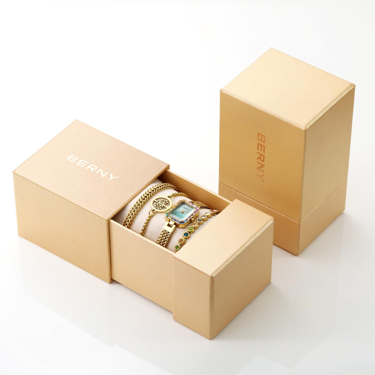 BERNY Gold Watches for Women Dainty Quartz Bracelet Watch Ladies Wrist Watch and Bracelet Set Coloured Stones Accented Fashion Luxury Birthday Gifts for Women-Glacier Blue Dial