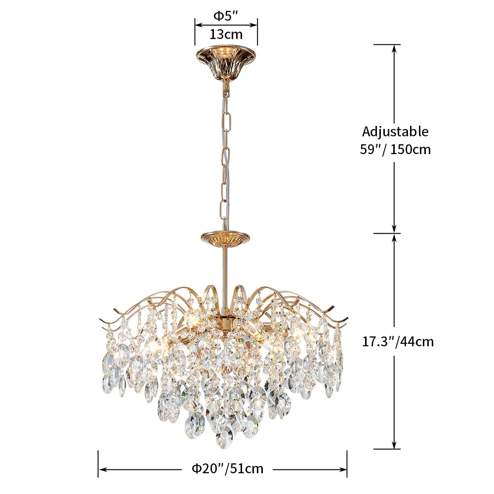Saint Mossi 6-Light Gold Crystal Chandeliers, Middle Century Dining Room Light Fixture, Modern Pendant Light for Living Room, D20 x H17, Adjustable Chains 59", Chopper Finish Metal Frame