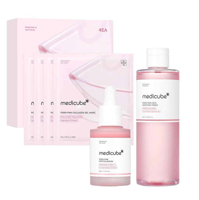 medicube PDRN Pink Trio Set: Salmon DNA PDRN Pink Peptide Serum and CICA Soothing Toner and PDRN collagen jelly gel mask (4ea)