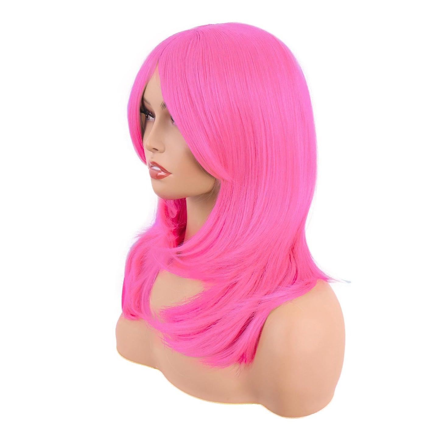 MapofBeauty 20 Inch/50 cm Long Layered With Bangs Straight Synthetic fiber Shoulder Length Hair Party Wig (Neon Pink)