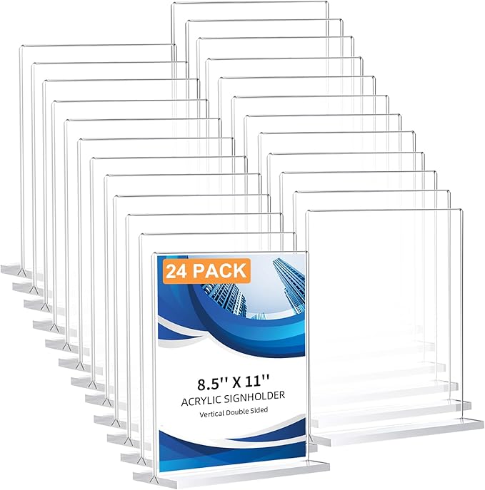 24 Pack Acrylic Sign Holder 8.5 x 11, Double-Sided Clear Sign Holder Plastic Stands for Display, T Shape Acrylic Table Sig...
