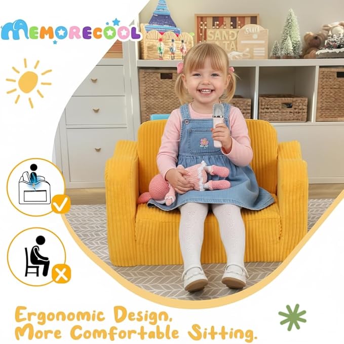 MeMoreCool Toddler Chair – Foldable 2-in-1 Kids Sofa Bed, Corduroy Lounge for 1-3 Years, Yellow Soft Foam Seat | Machine Washable | Convertible Couch for Toddlers’ Playroom or Nap Time