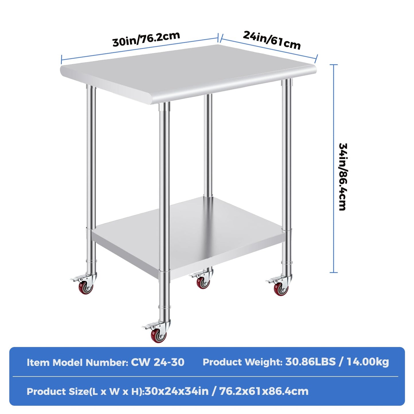 OSTBA Stainless Steel Table for Prep & Work 24x30 Inches with Casters Wheels, NSF Metal Commercial Heavy Duty Table with Adjustable Undershelf for Restaurant Kitchen Home and Hotel