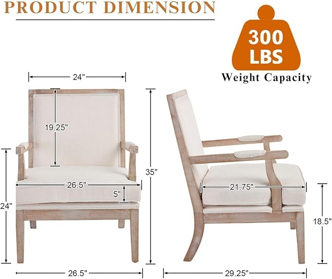 DM Furniture Mid Century Modern Accent Chair Upholstered Living Room Chairs with Armrest Linen Fabric Comfy Lounge Armchair Retro Solid Wood Reading Chair for Bedroom, Guest Room, Balcony, Beige