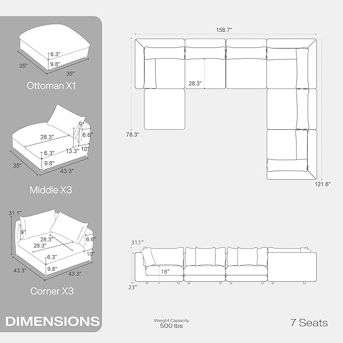 Fajiani Oversized Modular Sectional Sofa,Cloud Couch Deep Seat Sofa Cushion Covers Removable, Oversized Sectional Couches for Living Room (7 Seater-Cream White)