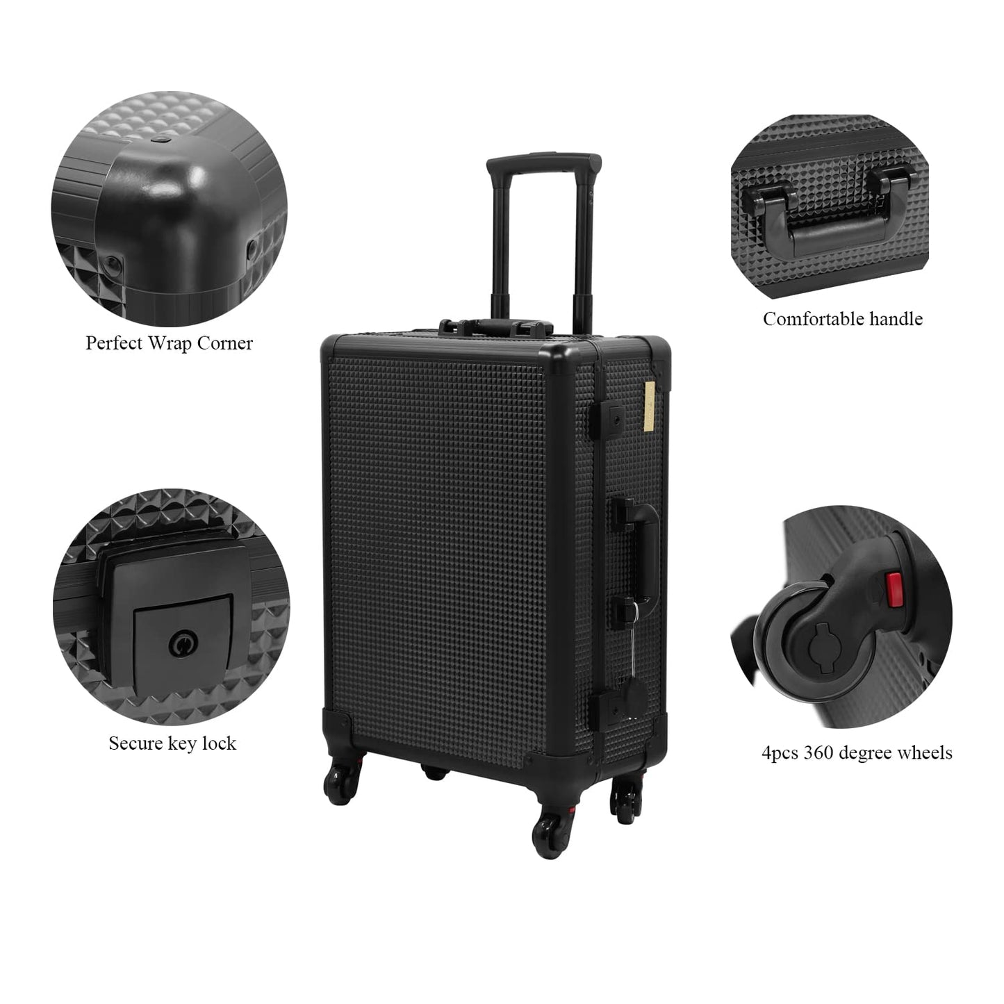 Tense Edano Aluminum Trolley Makeup Train Case with LED Lights Professional Cosmetic Organizer Studio with Speaker, Wheels and Stands Rolling Lighted Makeup Vanity Station for Travel (Black)