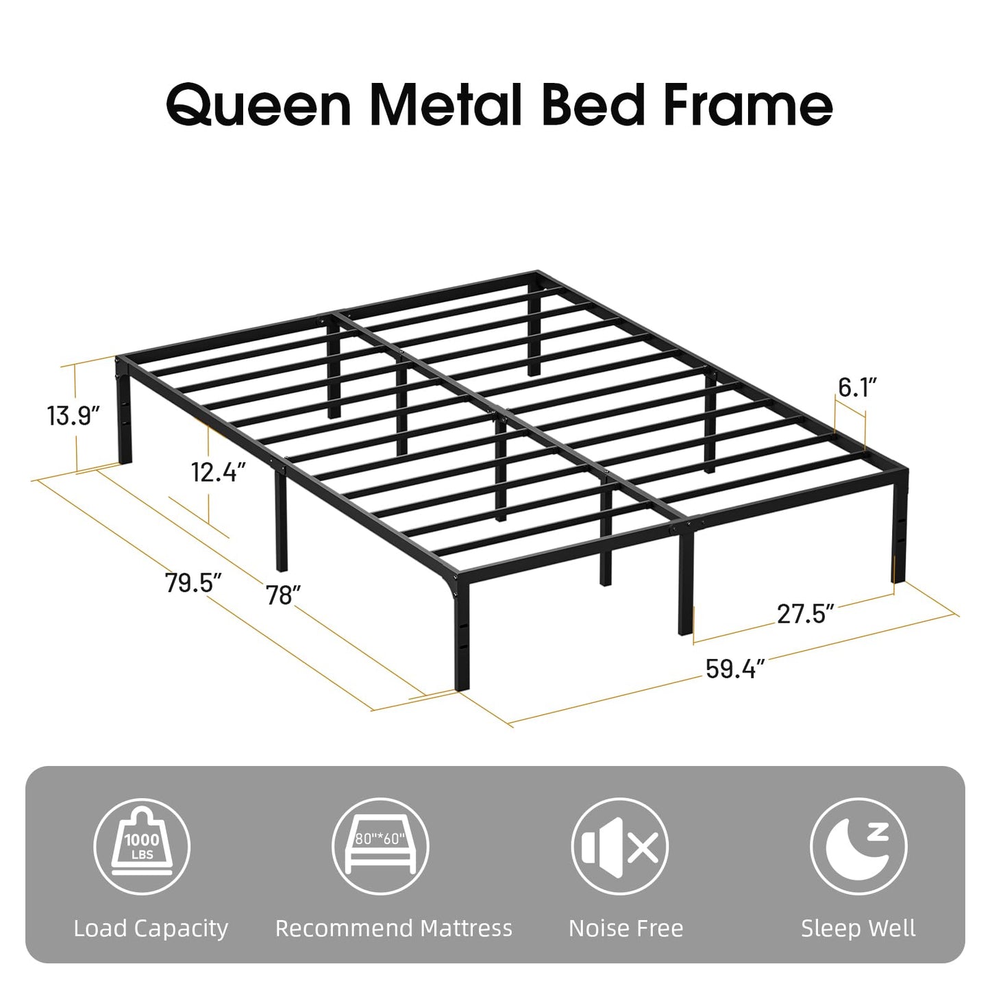 BedsPick Queen Bed Frame, 14 Inch Metal Platform Bed Frame Queen Size, Heavy Duty Sturdy Mattress Foundation, Noise Free, Easy Assembly, Steel Slats Support, No Box Spring Needed, Black