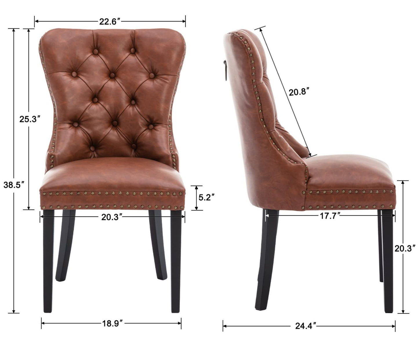 EALSON Modern Dining Chairs Set of 2 Mid Century Leather Dining Room Chairs with Wood Legs Tufted Upholstered Kitchen Side Chairs with Nail Head Trim for Dining Room/Living Room, Brown with Ring