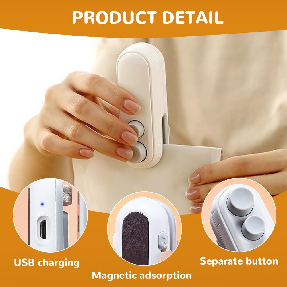 2026 Upgraded Mini Bag Sealer, 2 in 1 Mini Bag Sealer with Cutter and Magnet, Rechargeable Mini Bags Sealer Portable Resealer Machine for Snack Plastic Bags Food Storage Travel (White + Black)