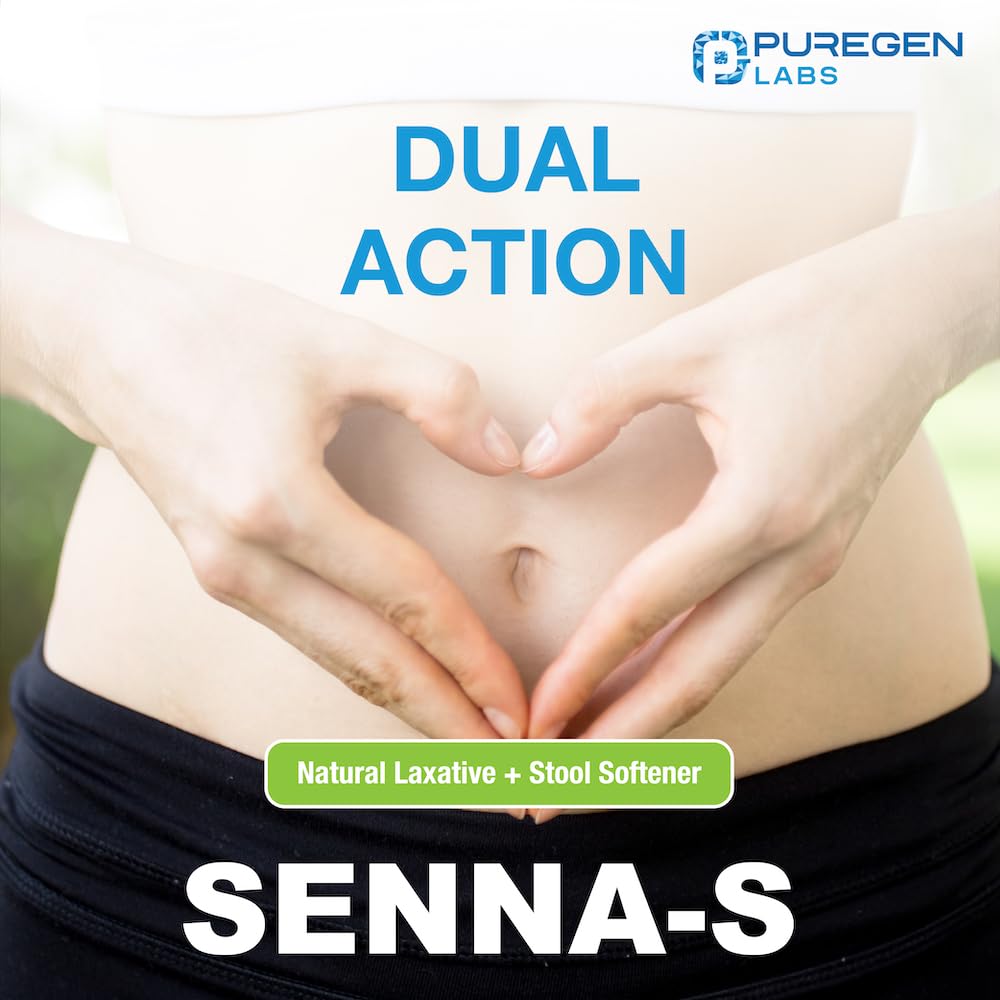 Puregen Labs Senna-S Natural Vegetable Laxative Plus Stool Softener Dual Action - Total 500 Tablets Senna Plus | Gentle Dependable Overnight Relief of Occasional Constipation - 2Pack