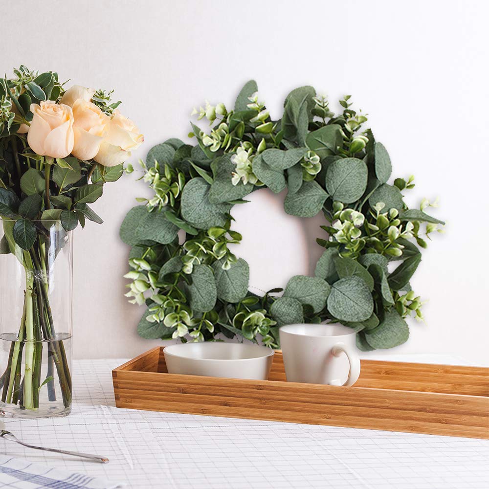 FULANDL 2PCS Artificial Eucalyptus Wreath, 11" Faux Green Leaves Wreath Farmhouse Greenery Wreath, Round Eucalyptus Wreath Outdoor Green Garland for Front Door Wall Hanging Window Decor