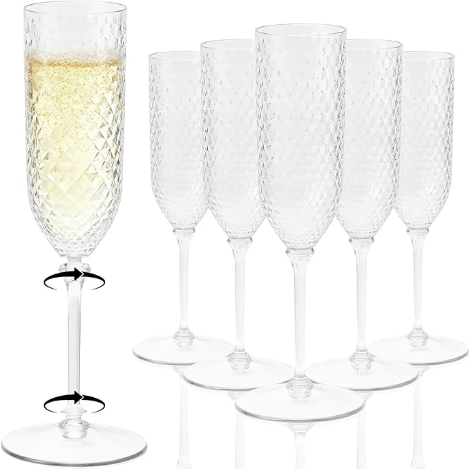 CrysParty 24 Pack Clear Champagne Flutes Plastic, 5.5oz Detachable Acrylic Champagne Glasses, Disposable Cocktail Drinking...