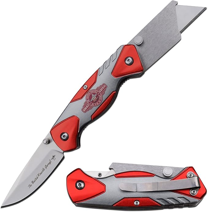 Busted Knuckle Garage - Manual Folding Knife and Multi-Tool - Stainless Steel Blade and Replaceable Razor Blade, Red and S...