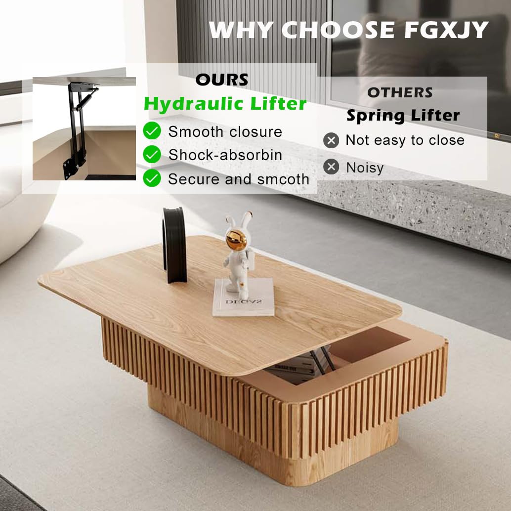 FGXJY Lift Top Coffee Table with Storage, Solid Wood Coffee Table with Adjustable Height, Fluted Center Table Accent Tea Table for Living Room, Apartment, Office (38.6" Natuall)