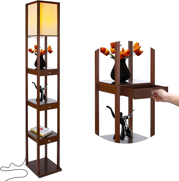 Brightech Maxwell Drawer Edition - Modern Shelf Floor Lamp with Drawer - Corner Display Floor Lamps with Shelves for Living Room, Bedroom and Office - Havana Brown