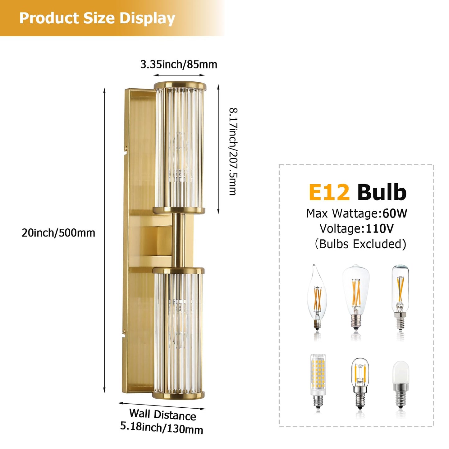 ECOBRT Set of 2 Brushed Brass Vanity Lights, Industrial Bathroom Wall Sconces with Glass Shades for Mirror Lighting